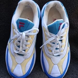 Fila White, Blue, and Yellow Athletic Shoes